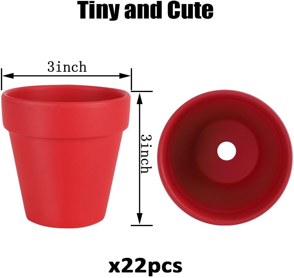 3 Inch Terracotta Pots - 22Pack Clay Flower Pots with Drainage Hole, Succulent Nursery Pot/Cactus Plant Pot. Great for Plants, Crafts, Wedding Favorn, DIY Production (Bright red)