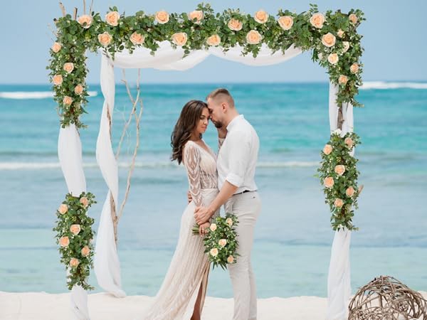 Dolicer 4Pcs 26Ft Artificial Eucalyptus Garlands with Flowers - 8 Roses, Faux Floral Greenery Garlands Fake Flowers Vines for Wedding Table Centerpieces Arch Party Ceremony Backdrop Decor (Champagne)