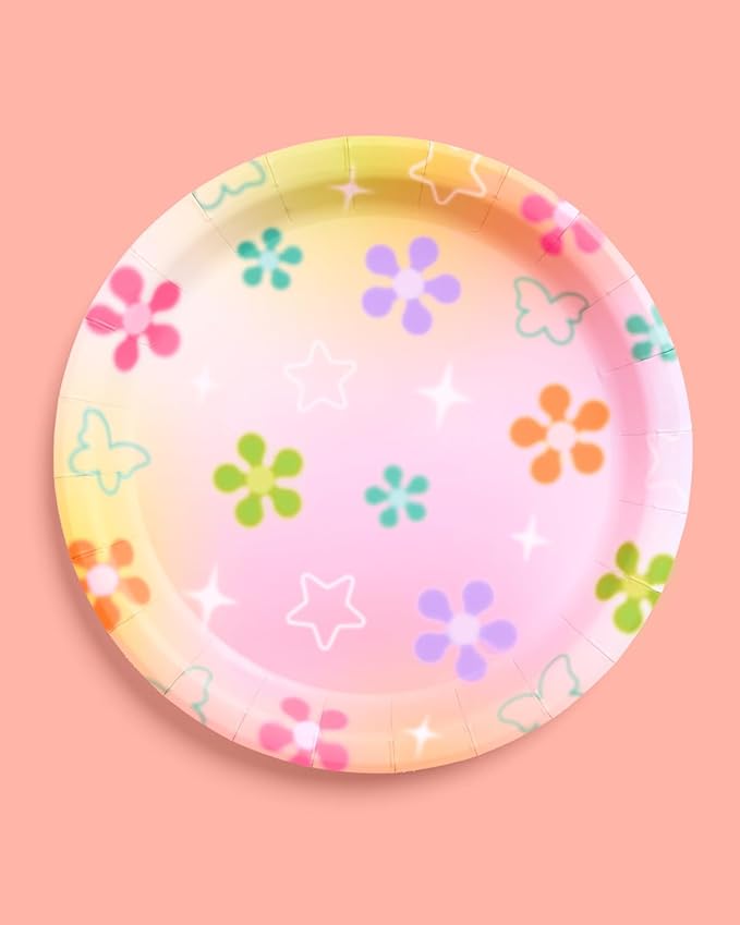 xo, Fetti Groovy Y2K Paper Plates, 2 Designs | 24 pcs 9" | Butterfly Kids Party Decorations, Girls Bachelorette Supplies, Rainbow Birthday Tablescape, Pastel Flower Decor