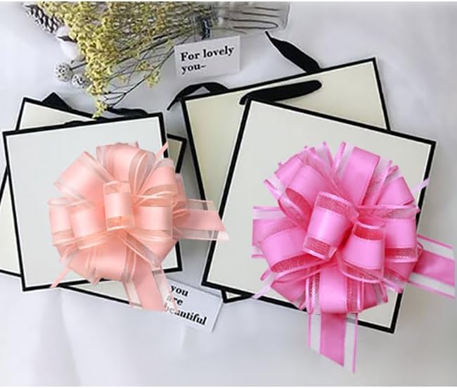 6 Count Pink Organza Satin Pull Bows, 6 inches, Wedding, Bridal Shower, Baby Shower, Modern Style, Flower Shaped, Easy to Use, Gift Wrapping Decorations