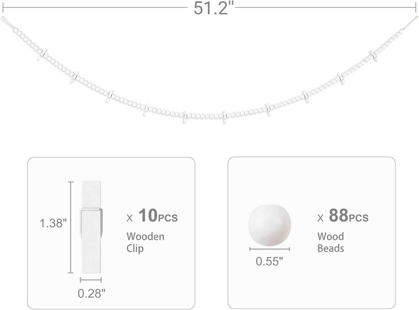 Mkono Hanging Photo Display with Clips, Boho Wooden Bead Garland Banner, Collage Card Picture Kids Art Holder String with 10 Clips for Christmas Bedroom Dorm Decor, Teen Girl Gifts, White, 2 Pack