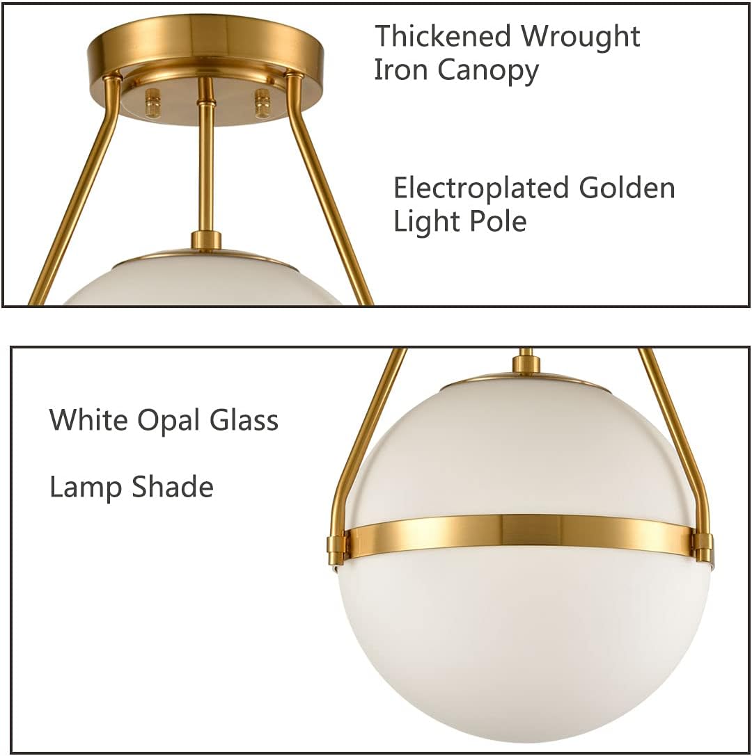 HOLKIRT Mid Century Modern Globe Semi Flush Mount Ceiling Light Fixture,White Opal with Brass Finish,Living/Dinning Room