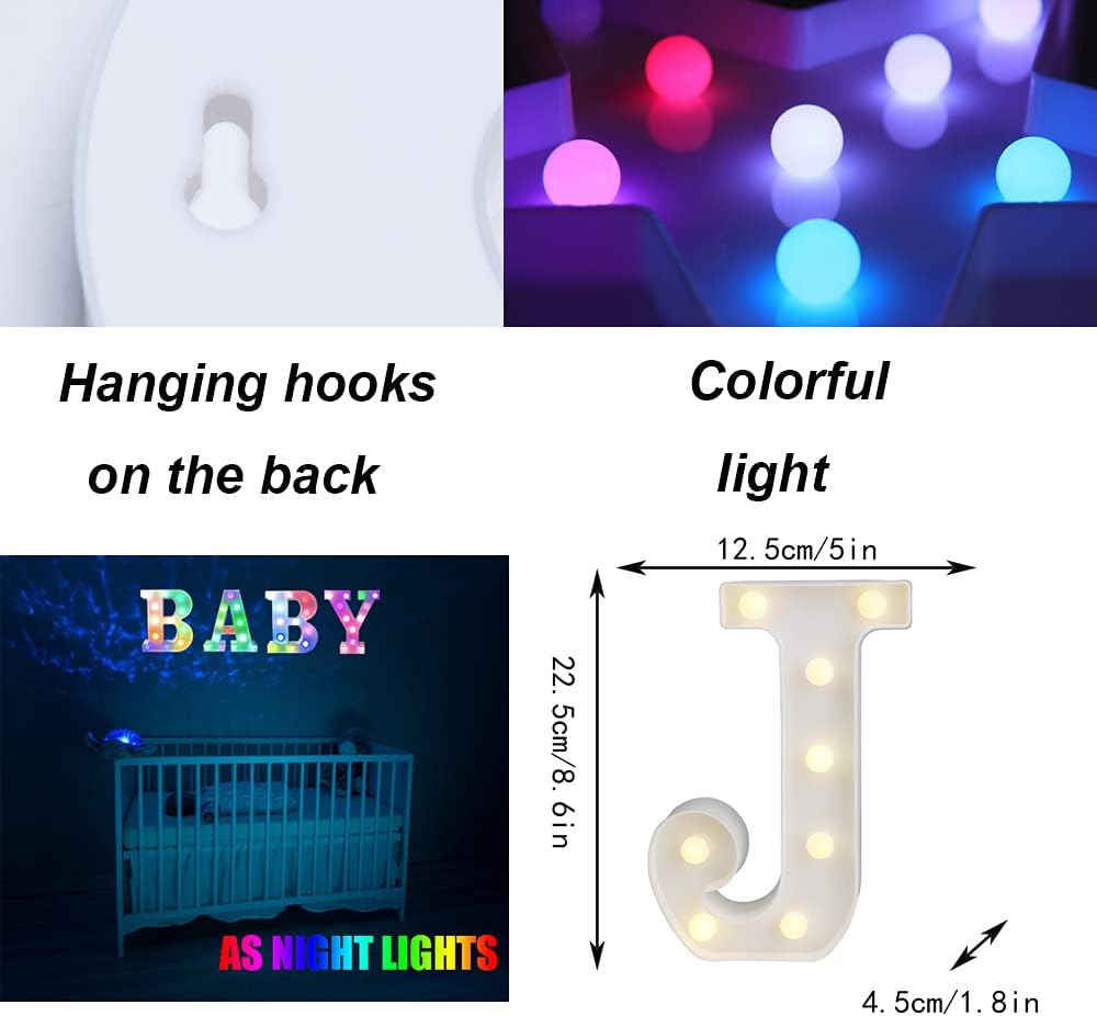 Light Up Colorful LED Marquee Letter lights, 18 Colors Changing Alphabet Letters Sign with Remote Timer for Night Light Girls Bedroom Wedding Birthday Party Lamp Christmas Home Bar Decor- Colorful J