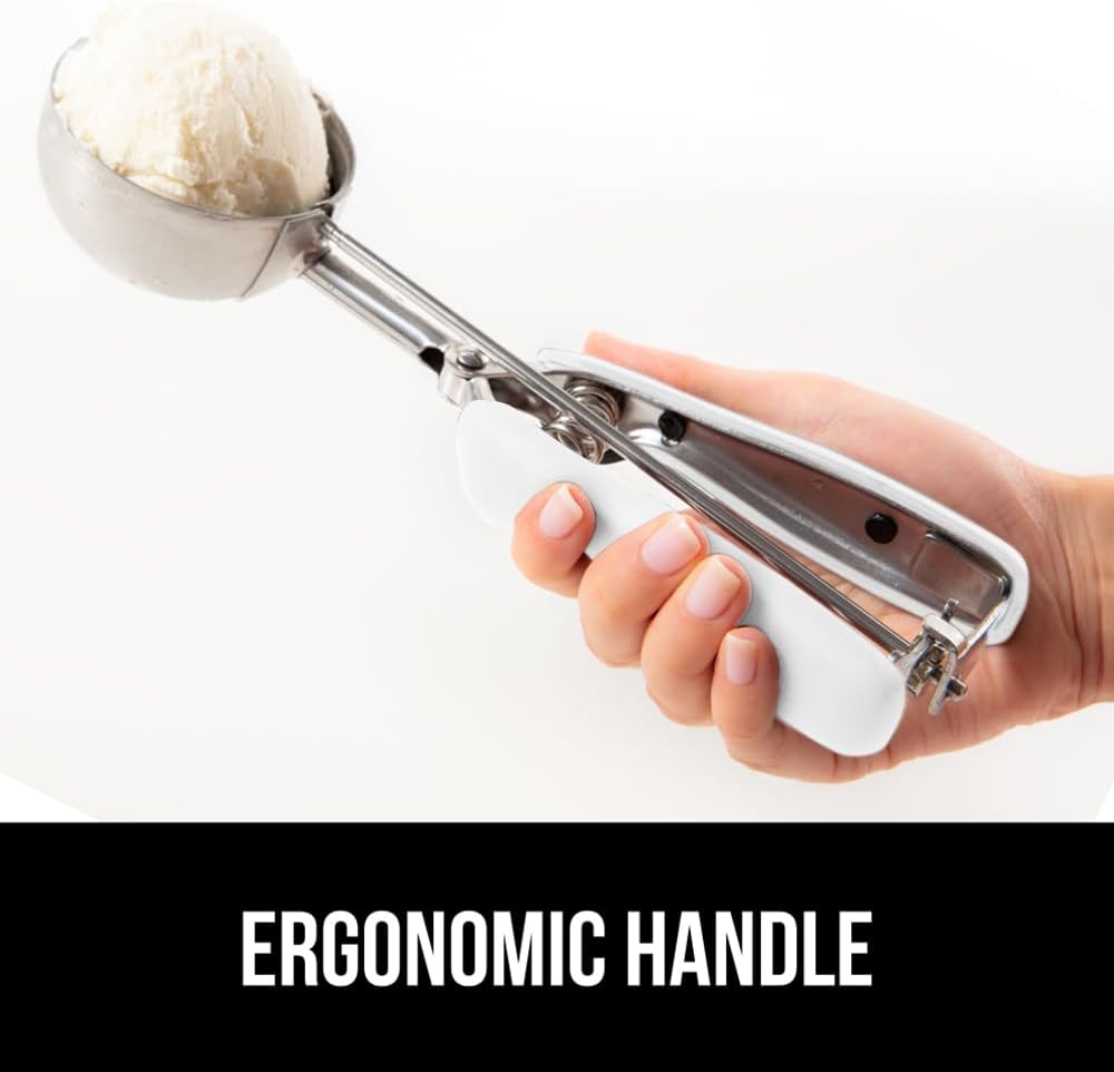 GORILLA GRIP Stainless Steel Multipurpose BPA-Free Spring Scoop, 3 TBSP, Melon Ballers, Cookie Dough Scoops, Perfect Portion Sizes, Easy Squeeze and Clean Release, Scooper Size 20, White