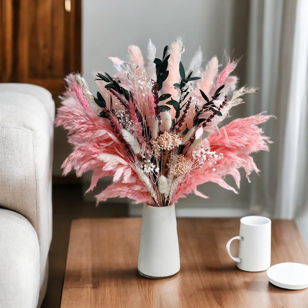 Pink Pampas Grass Dried Flowers Bouquet for Home Decor, Wedding Decor, Boho Style Floral Arrangement Without Flower Vase