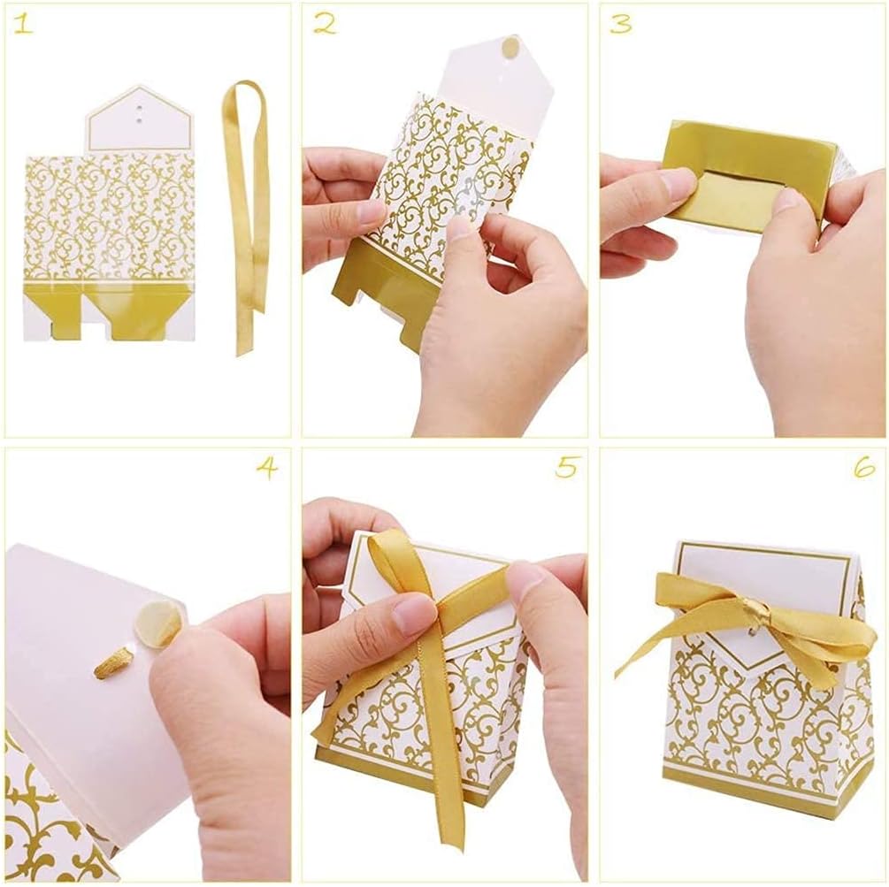 KUPOO 50PCS Candy Boxes,Gold Ribbon Wedding Favor Boxes Candy Bag Cake Box for Wedding Party Decoration Easter (gold)