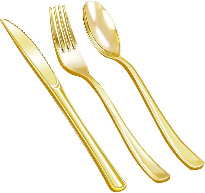 Zcaukya 200 Pieces Gold Plastic Silverware Set, Disposable Cutlery Set Including 100 Forks, 50 Knives and 50 Spoons, Eating Implements Flatware in Bulk for Dinner, Weddings and Birthday Parties