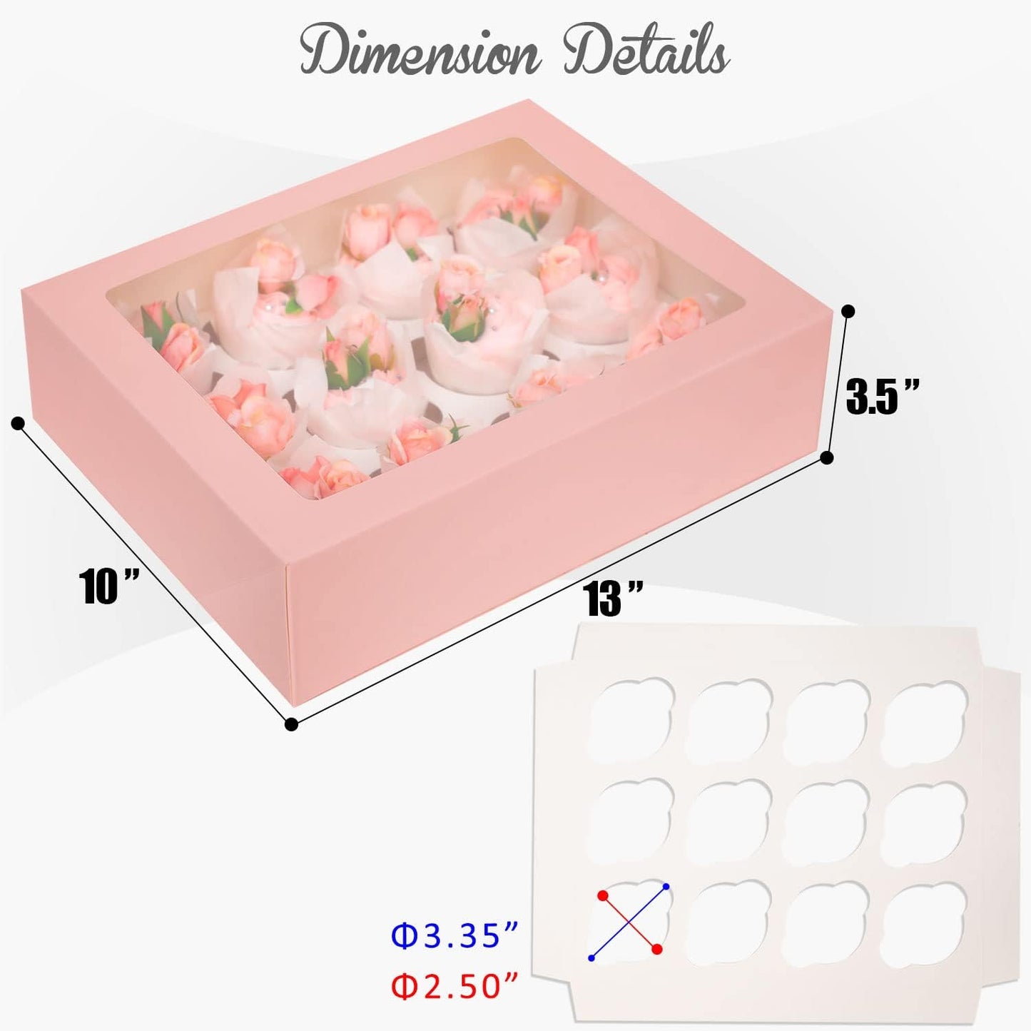 12 Cupcake Containers 20-Packs Pink Cupcake Box Cupcakes Carrier, 12 Cupcake Boxes with Window 13"x10"x3.5"(Auto-pop up)