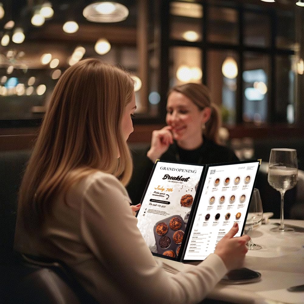 Goodsmart Restaurant Menu Covers - 25 Pack Black 8.5" x 11", 2-Page/4-View, Side-Loading Vinyl Menu Holders, Clear Sleeves, Double-Stitched Edge, Leather-Style Café Covers with Gold Corners