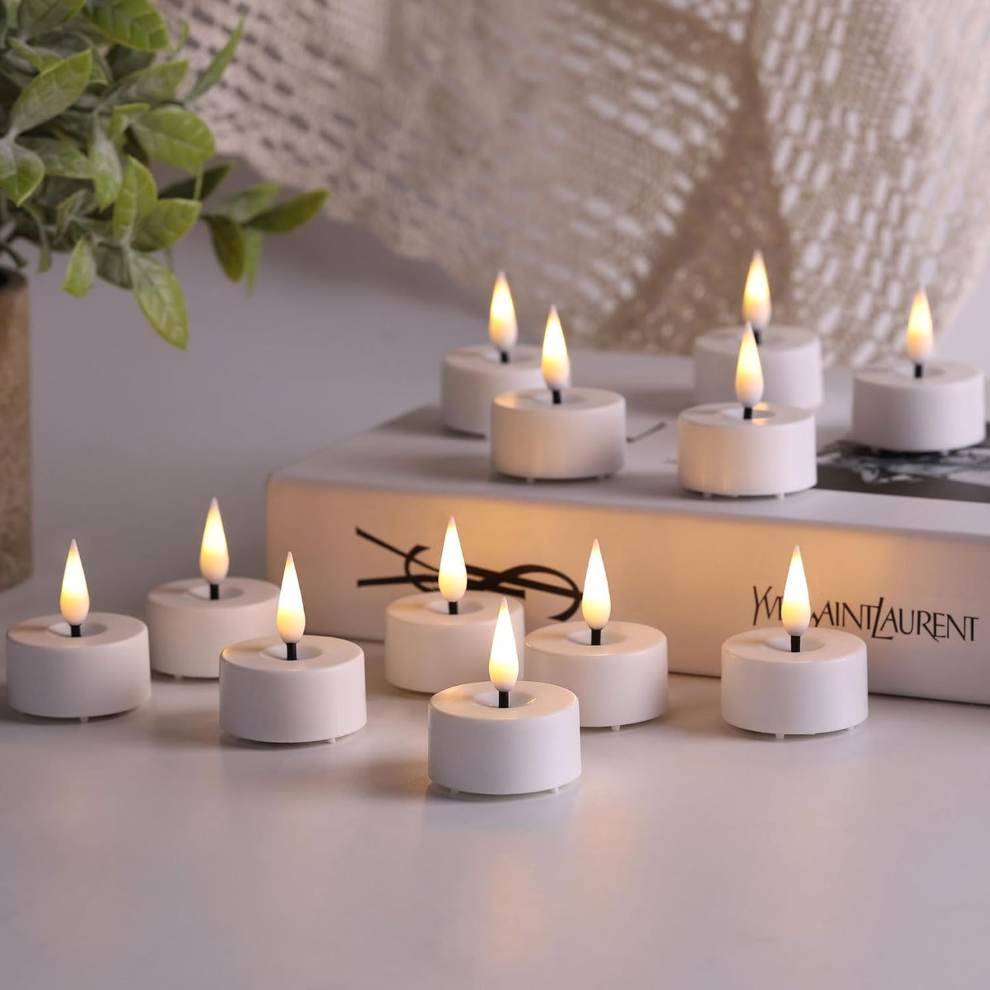Eywamage White LED Tealights with Remote Batteries, Flickering Flameless Tea Lights Electric Votive Candles Set of 12