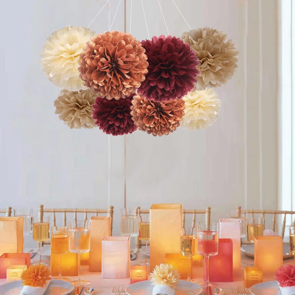 Rose Gold Maroon Burgundy Champagne and Ivory Tissue Paper Pom Poms Flower for Birthday Rustic Vintage Wedding Fall Autumn Party Decoration, 16pc