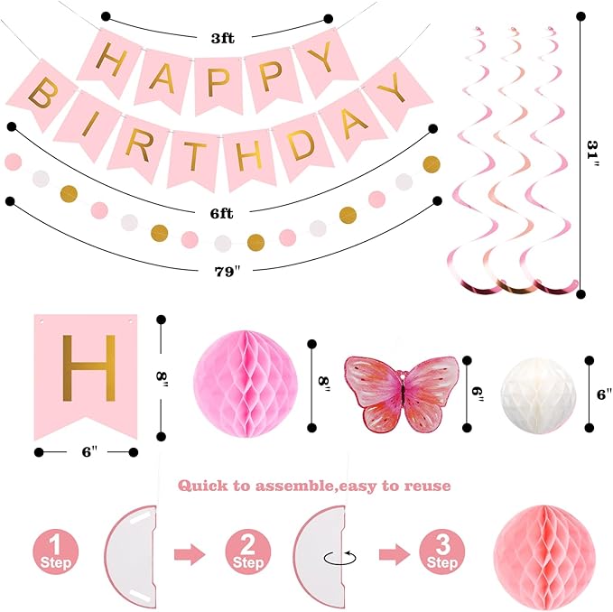 meowtastic Birthday Decorations, Happy Birthday Banner with Honeycomb Balls, Butterfly Hanging Swirl Streamers, Circle Dots Garland, Happy Birthday Party Decorations for Women Men Boys Girls (Pink)