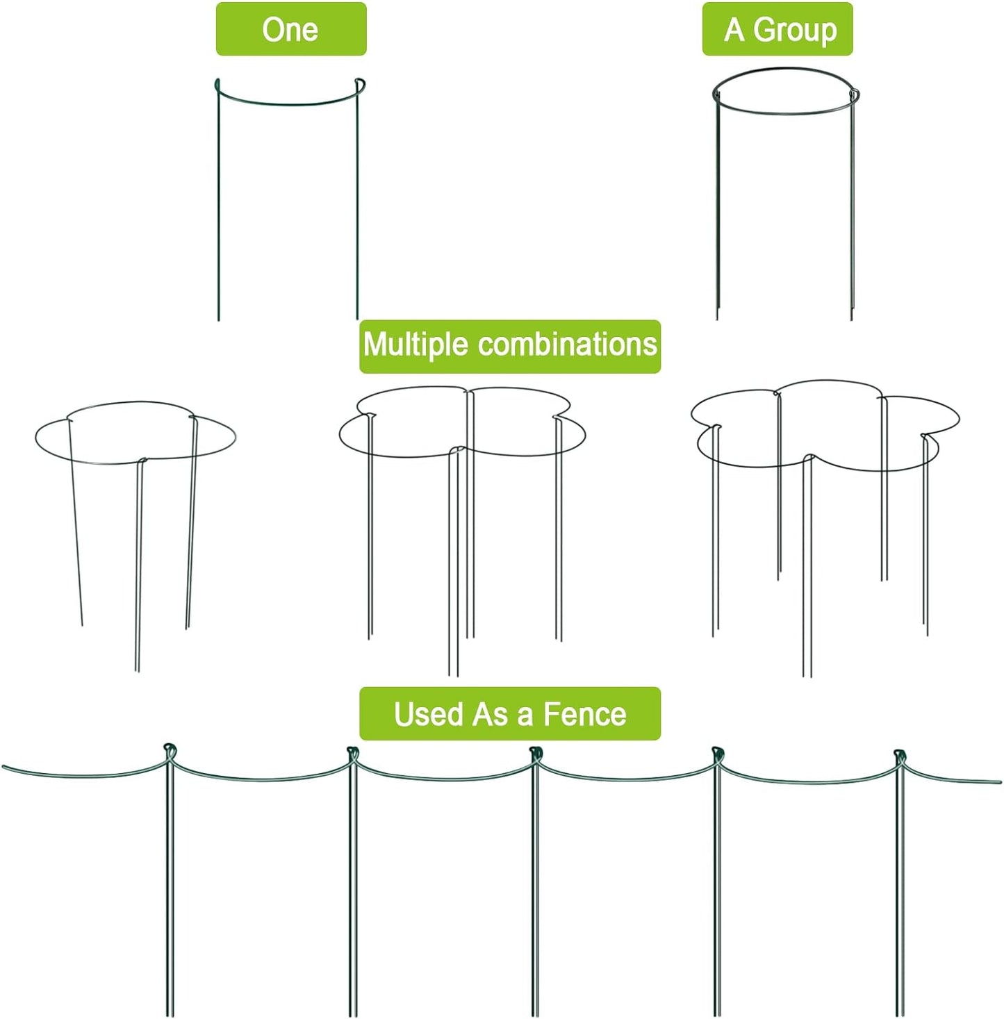 HiGift 16 Pack 24 Inch Plant Support Stakes, 10" Wide x 24" High Half Round Metal Garden Plant Stake Peony Support Cage, Green Plant Support Ring Border for Tomato,Hydrangea,Flower Indoor Outdoor