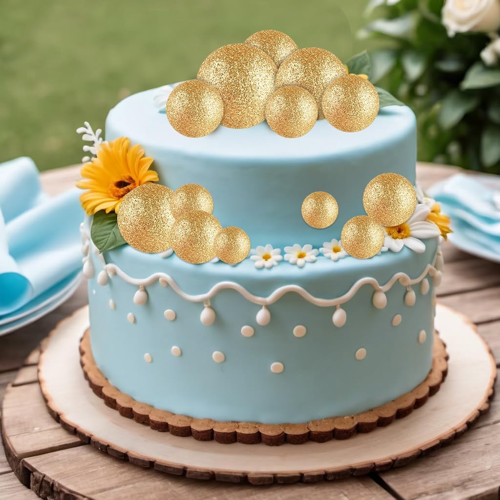 ASTARON 20 Pcs Mini Balloons Cake Topper Sticks - Glitter Gold Ball Picks for Christmas Birthday Decorations