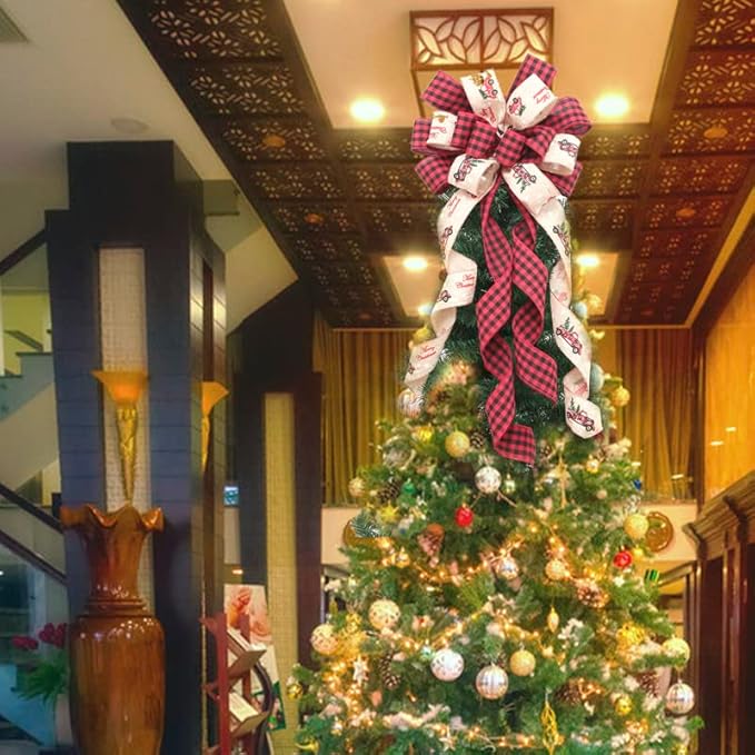 Christams Tree Topper Bow, 35 * 14inch Plaid Buffalo Bows Burlap Decorative Bows for Christmas Holiday Thanksgiving Indoor Outdoor Ornament Gift Bow