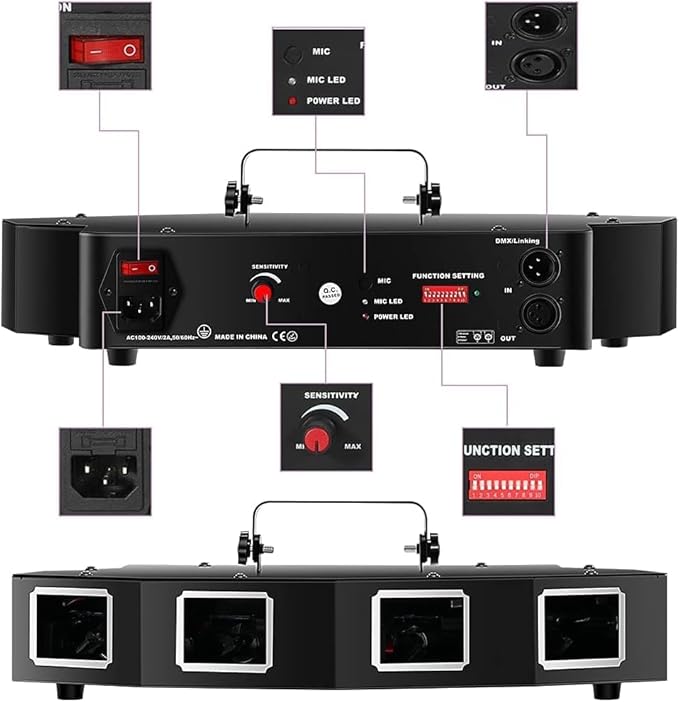 U`King DJ Laser Lights, 4 Beam Effect Party Lights Sound Activated DJ RGBY LED Projector Party Light by DMX Control for Dancing Birthday Bar Pub Stage Lighting