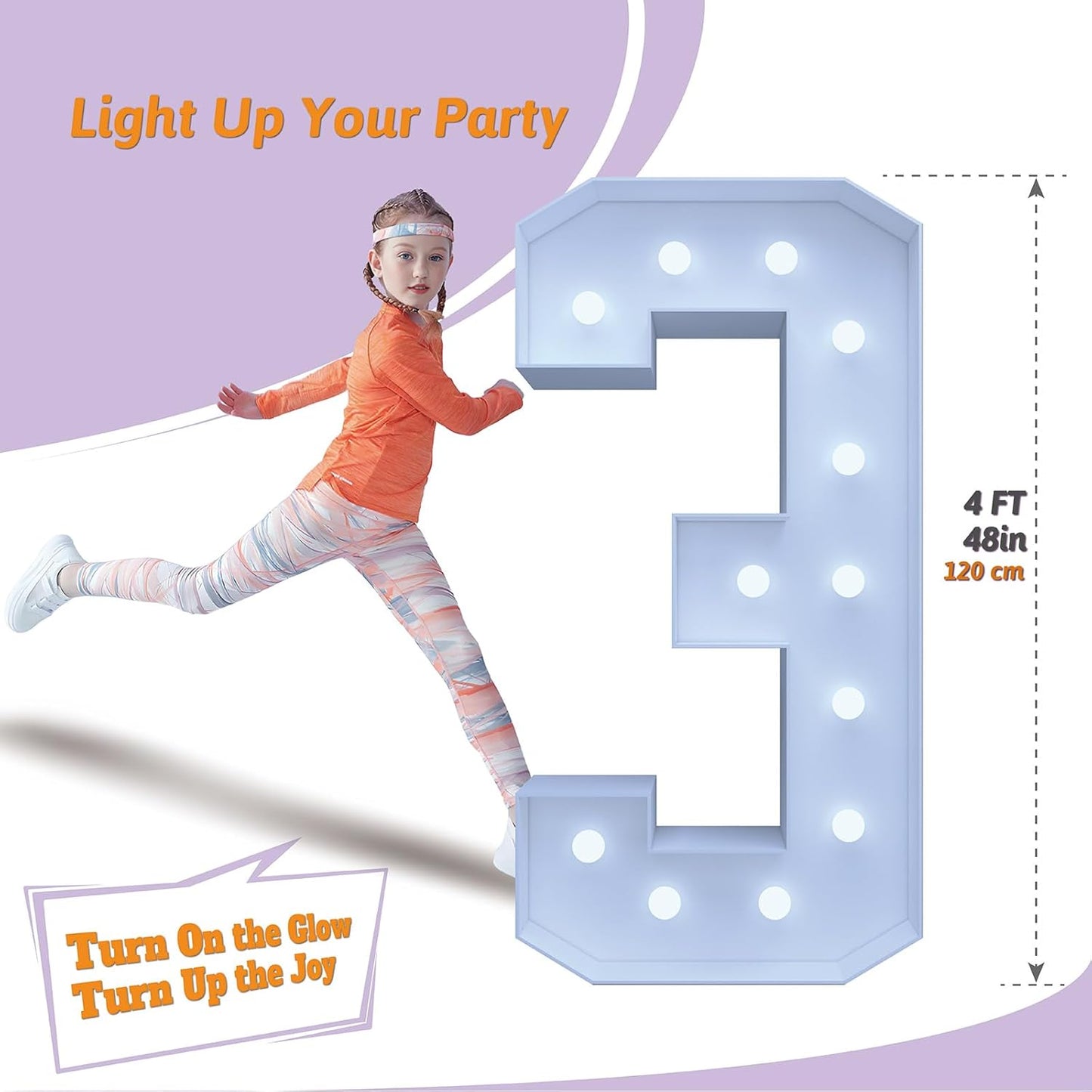 4FT Marquee Light Up Numbers 3 – Cool White LED, Easy to Assemble Foam Board with Back Support, Large Marquee Light Up Numbers for Birthday, Wedding, Party, Anniversary, Baby Shower Decor