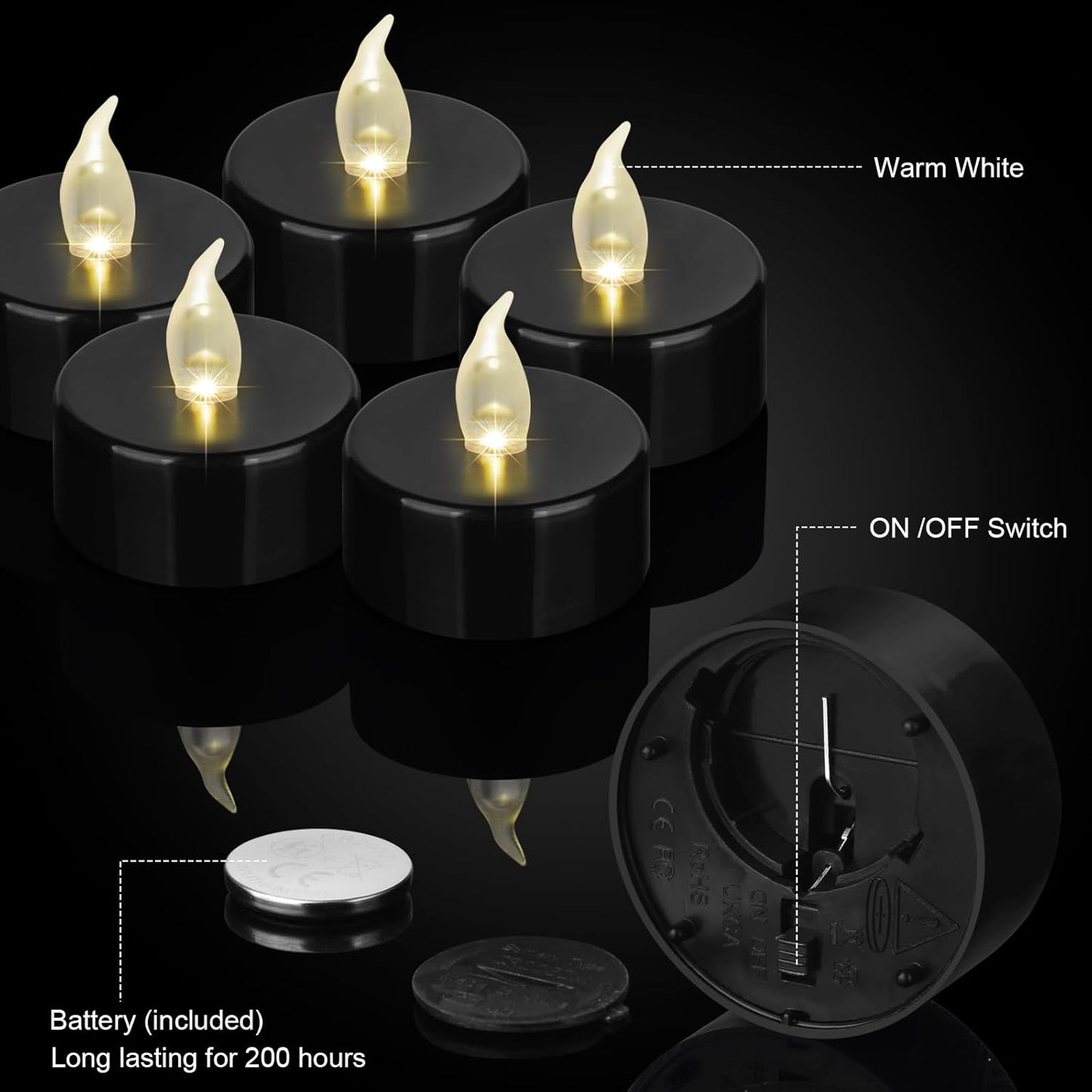 Battery Operated LED Tea Lights: 50PACK Flameless Votive Candles Lamp Realistic and Bright Flickering Holiday Gift Long Lasting 200Hours for Seasonal & Festival Celebration Black