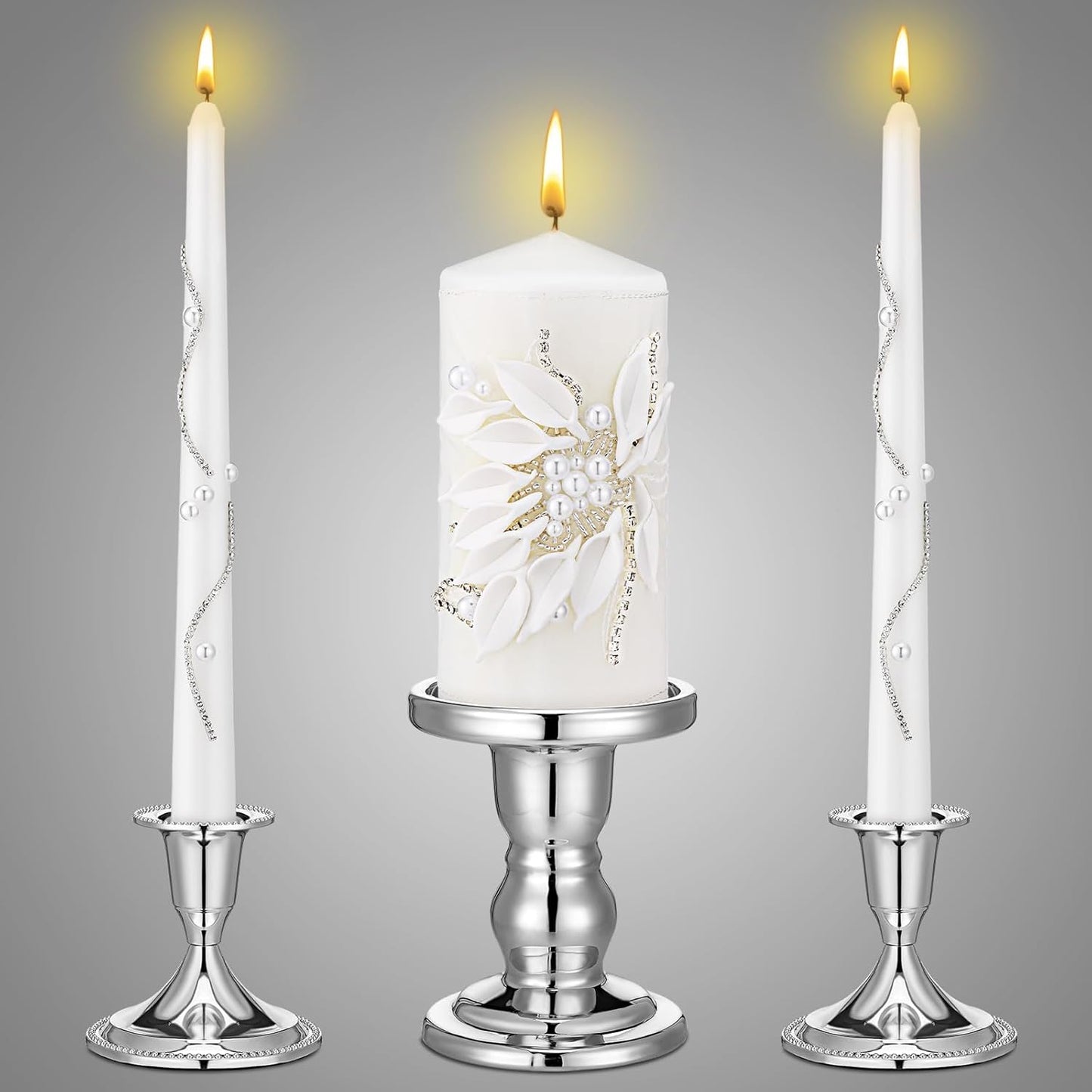 Irenare Unity Candles with Holder for Wedding Ceremony Wedding Decortions Accessories Glass Candle Holder Pillar Candle for Formal Events Church(Silver)