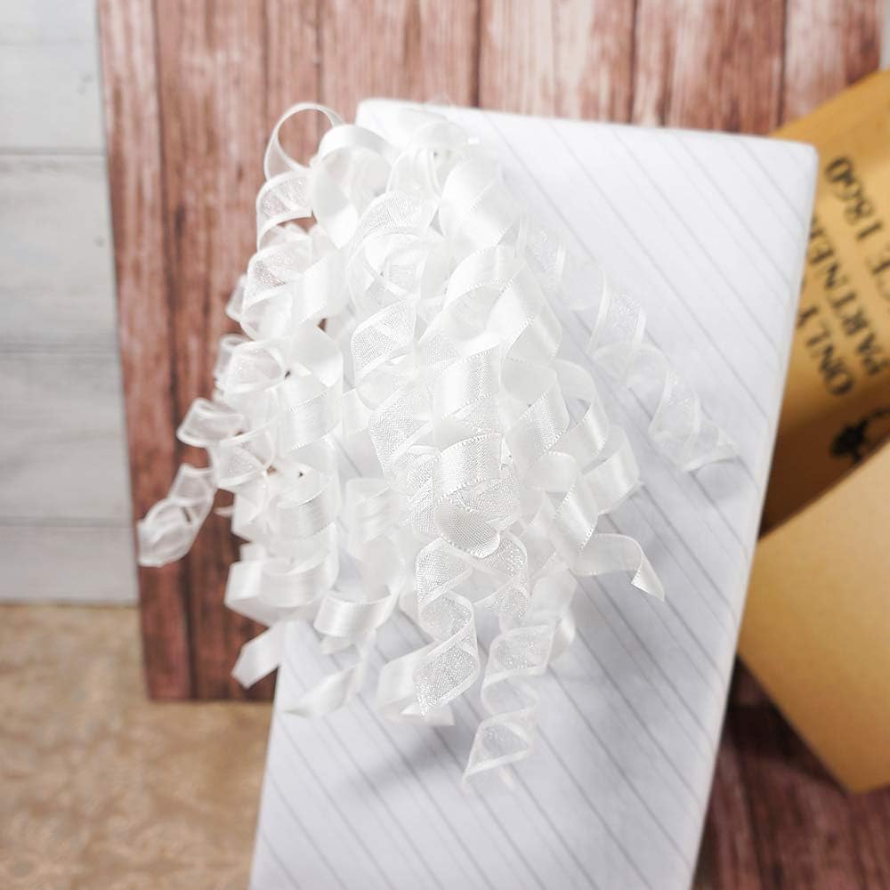 CT CRAFT LLC White Satin and Sheer Curly Ribbon Bow 6" Long x 6 Counts Gift Wrapping Pre-Tied Self-Adhesive Tab for Birthday Present Box Wine Bottle Baby Shower Party Christmas Hanukah
