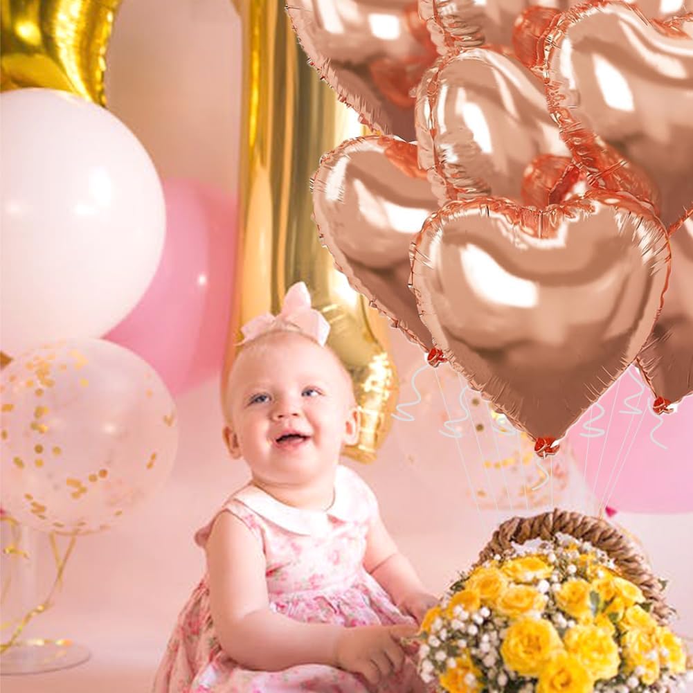 Rose Gold Heart Balloons,18 Inch Foil Mylar Love Heart Shaped Balloons for Anniversary Wedding Engagement Celebration Birthday Party Baby Shower Valentines Decorations(12Pcs)