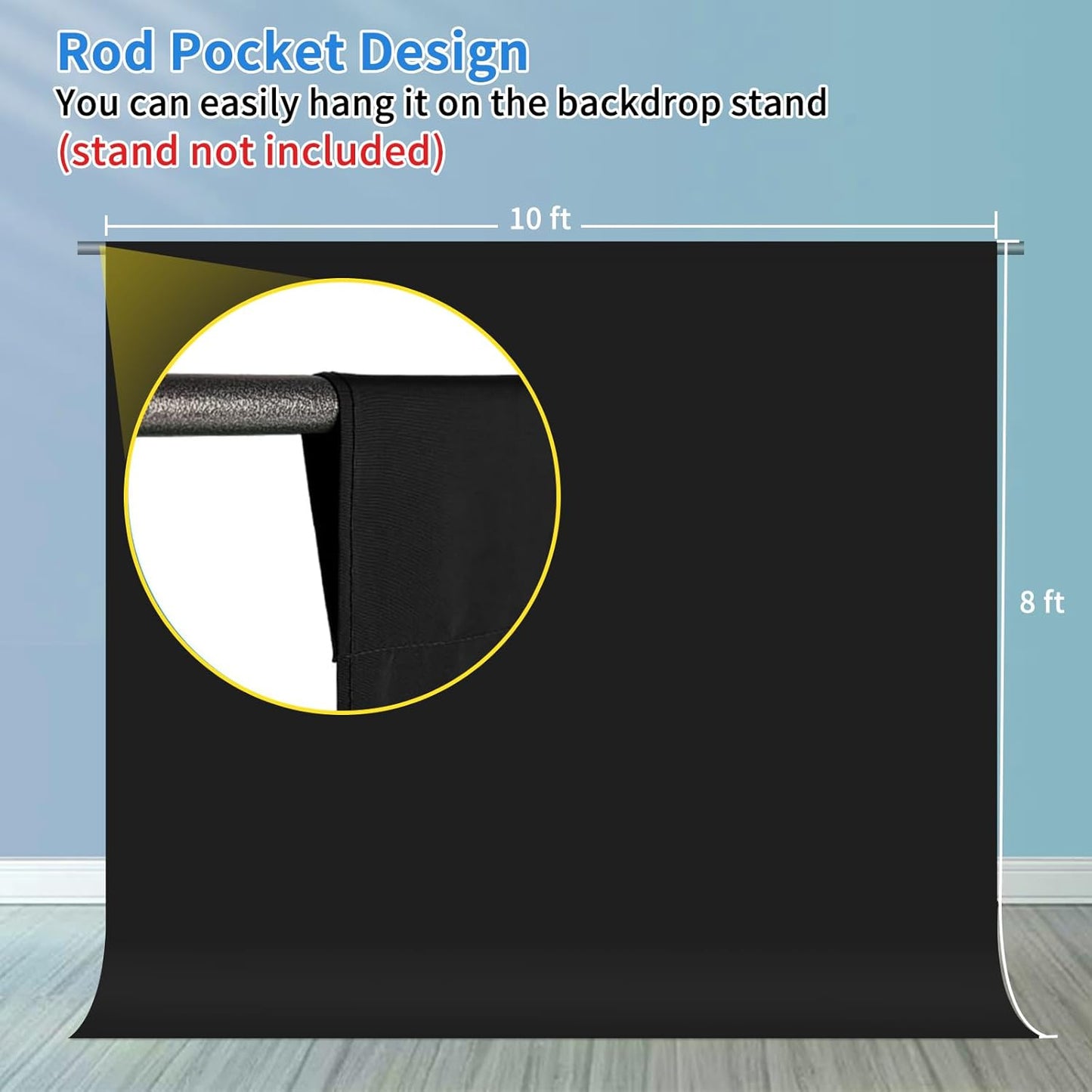 HEMMOTOP Black Backdrop 10x8 ft, Black Photo Backdrops for Photoshoot, Polyester Fabric Background Curtain Screen Seamless for Party, Photos, Photography, Birthday, Wedding (Backdrop only)