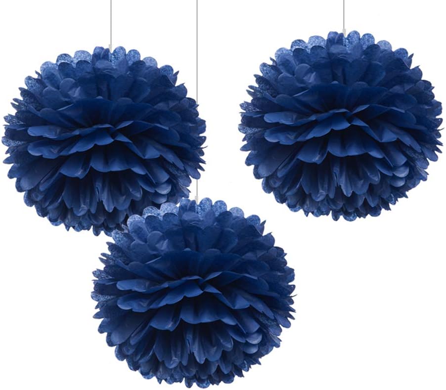WEVEN 12" Navy Blue Tissue Pom Poms DIY Hanging Paper Flower Balls for Nautical Party Decoration 4th of July Patriotic Decorations, Pack of 12