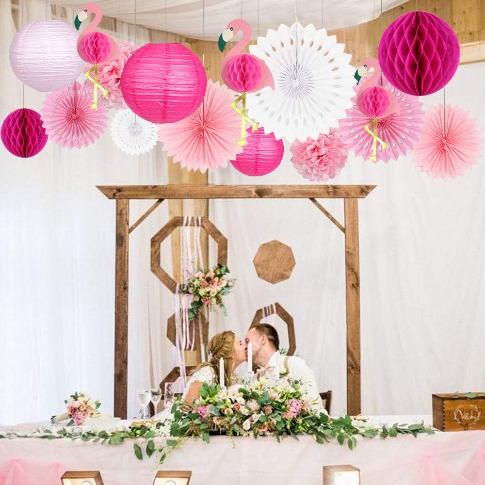 zilue Tropical Party Decorations Pink Flamingo Party Supplies Pom Poms Flowers Tissue Paper Fan Paper Lanterns for Hawaiian Summer Beach Luau Party
