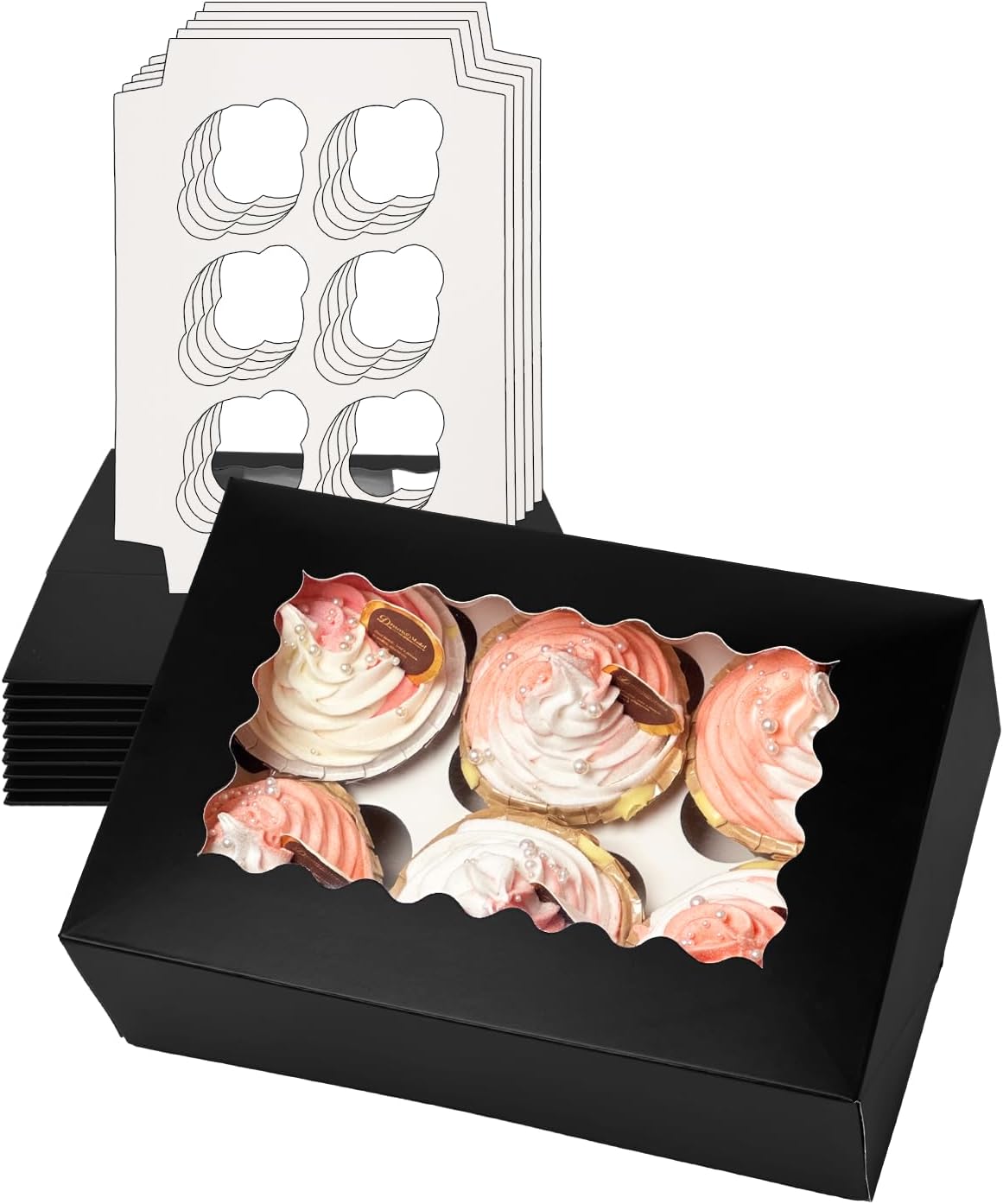 Bakepacker Auto-pop up 6 Cupcake Boxes with Window 20 Count Black Box 9.4 x 6.1 x 3 inch Cupcake Carrier