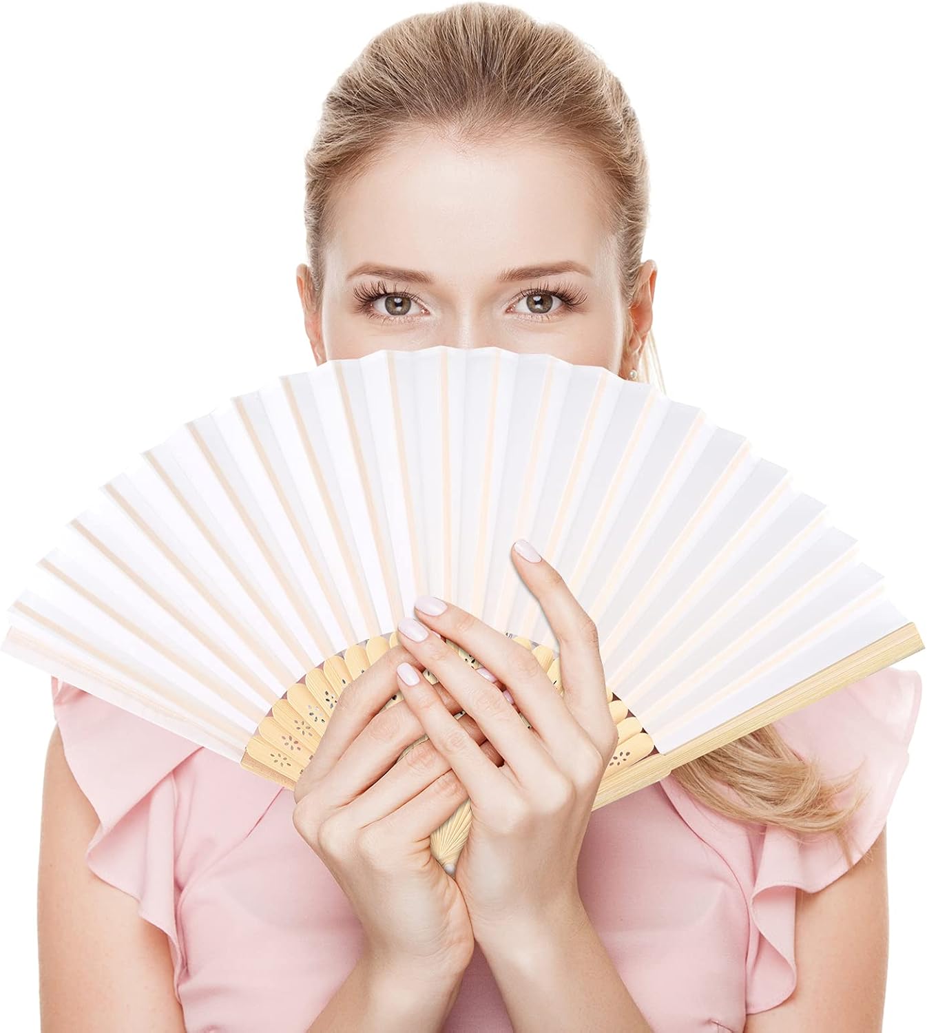FEPITO 50 Pieces White Handheld Paper Fan Paper Folding Fans with Bamboos for Wedding Gift, Party, Home