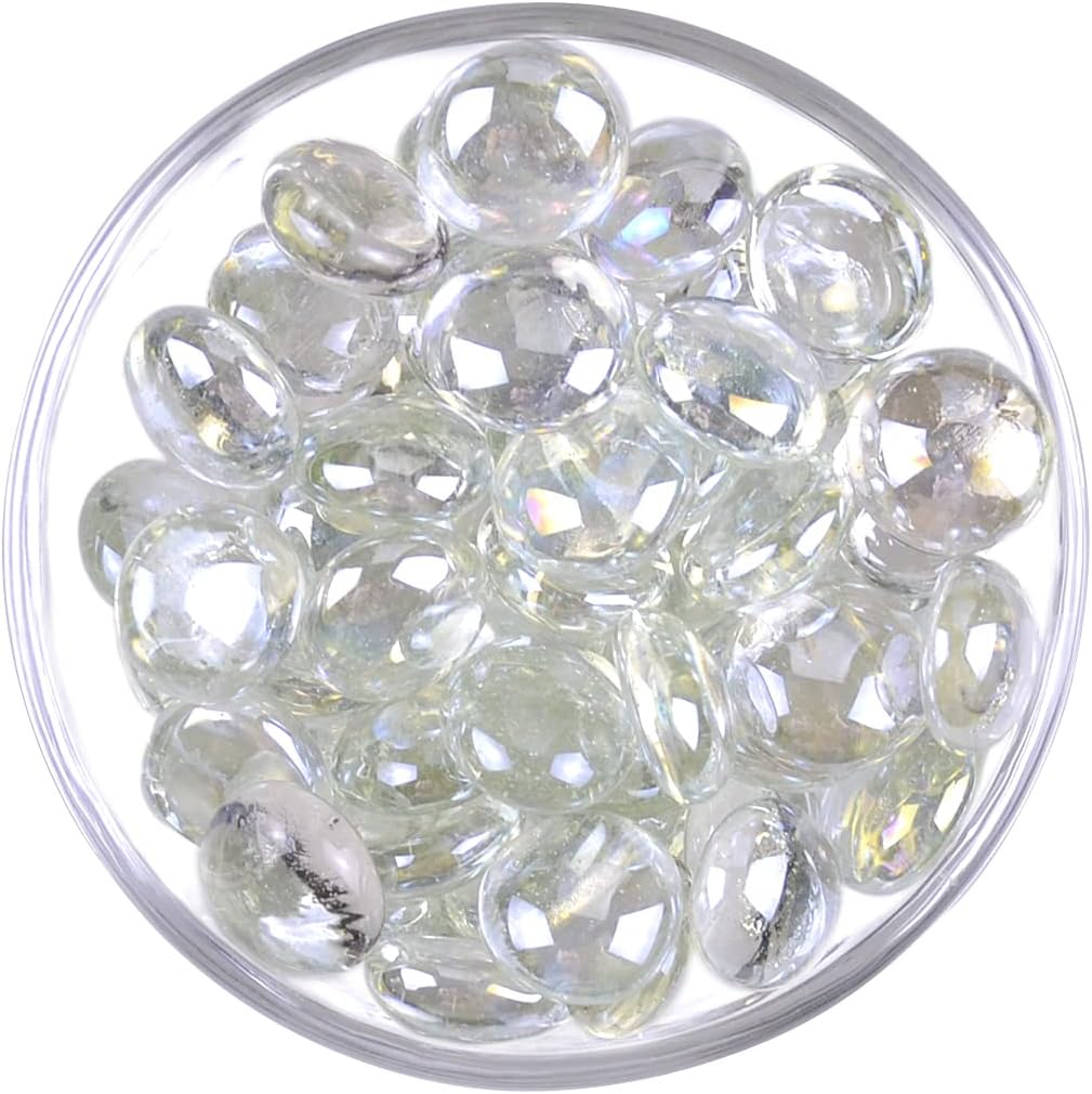 KINGOU Flat Glass Gems/Marbles/Stones/Beads for Vase Filler, Table Scatter, Games - 1 Lbs (17-19mm, Approx. 3/4") (Clear, Standard)