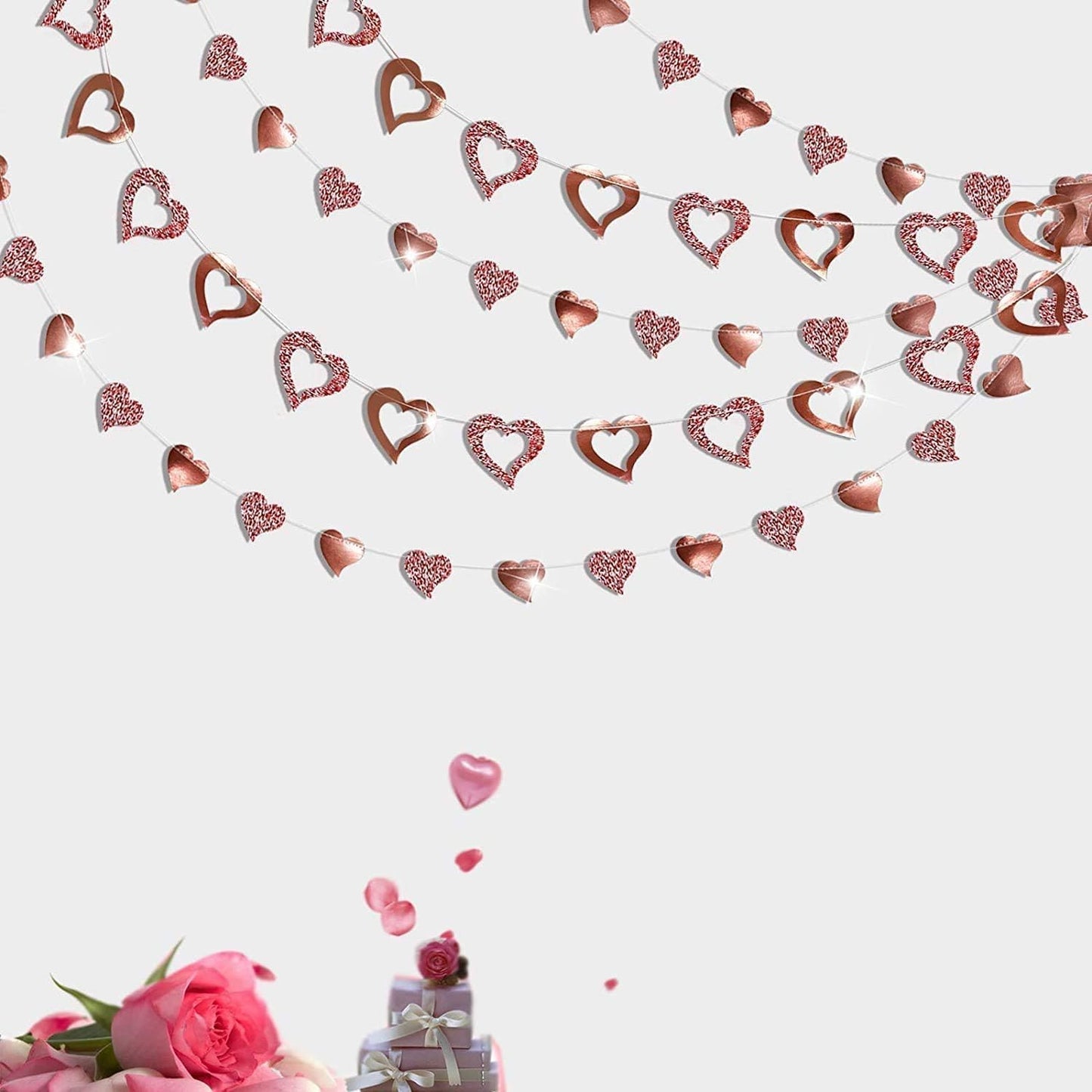 Cheerland Rose Gold Heart Garland Glitter Valentine Day Mothers Day Wedding Engagement Anniversary Bridal Shower Baby Shower Bachelorette Party Decorations Backdrop Banner Hanging Decor