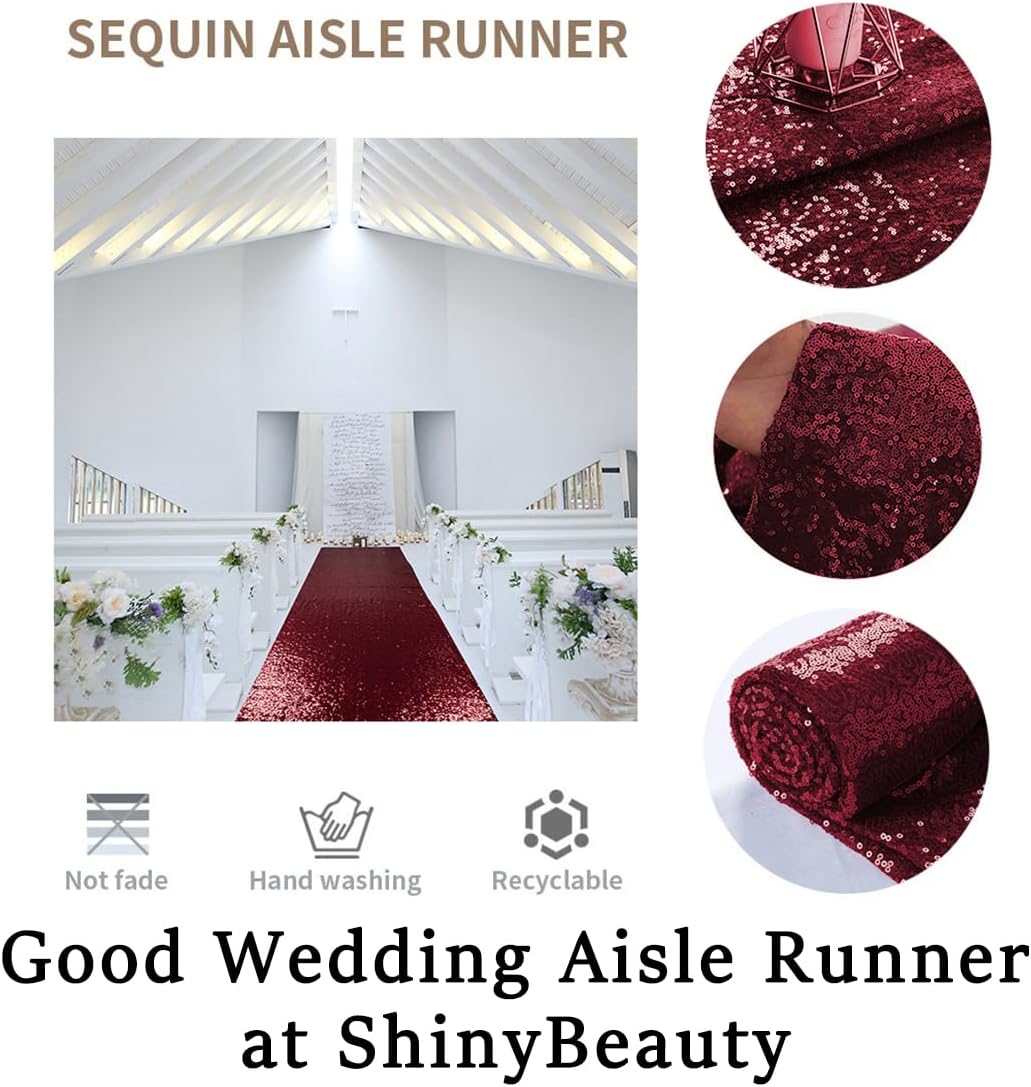 ShinyBeauty Sequin Aisle Runner for Weddings - 2FTx15FT Burgundy Glitter Carpet, Backing & Reusable Decor for Ceremony, Receptions, Events (Wine Red)