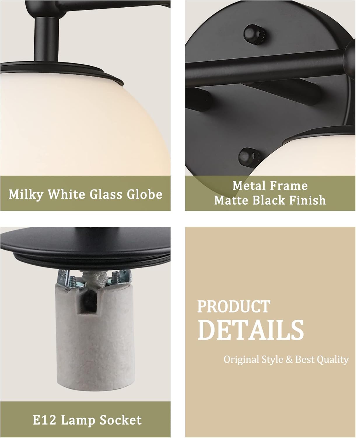 Black Vanity Light, 2 Light Black Modern Bathroom Light Fixtures Over Mirror with White Milk White Globe Glass Shade for Bathroom