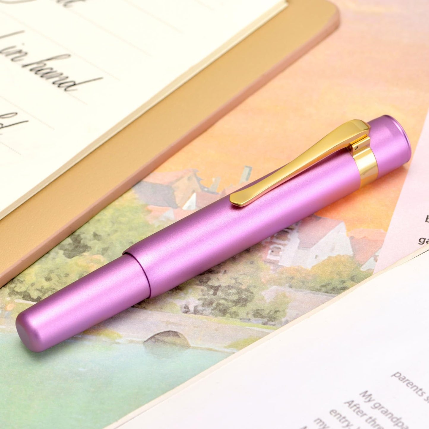 Hongdian M2 Black Forest Mini Fountain Pen, Medium Soft Golden Nib & Sleek Shape Aluminium Short Pocket Travel Pen (Lilac Purple)