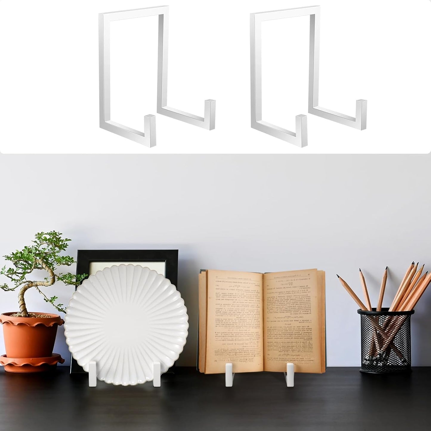 Sweetude 2 Pcs Large Plate Stands for Display Metal Frame Plate Holder Display Stand Decorative Table Top Easels for Picture, Book, Platter, Photo Easel(White,8 Inch)