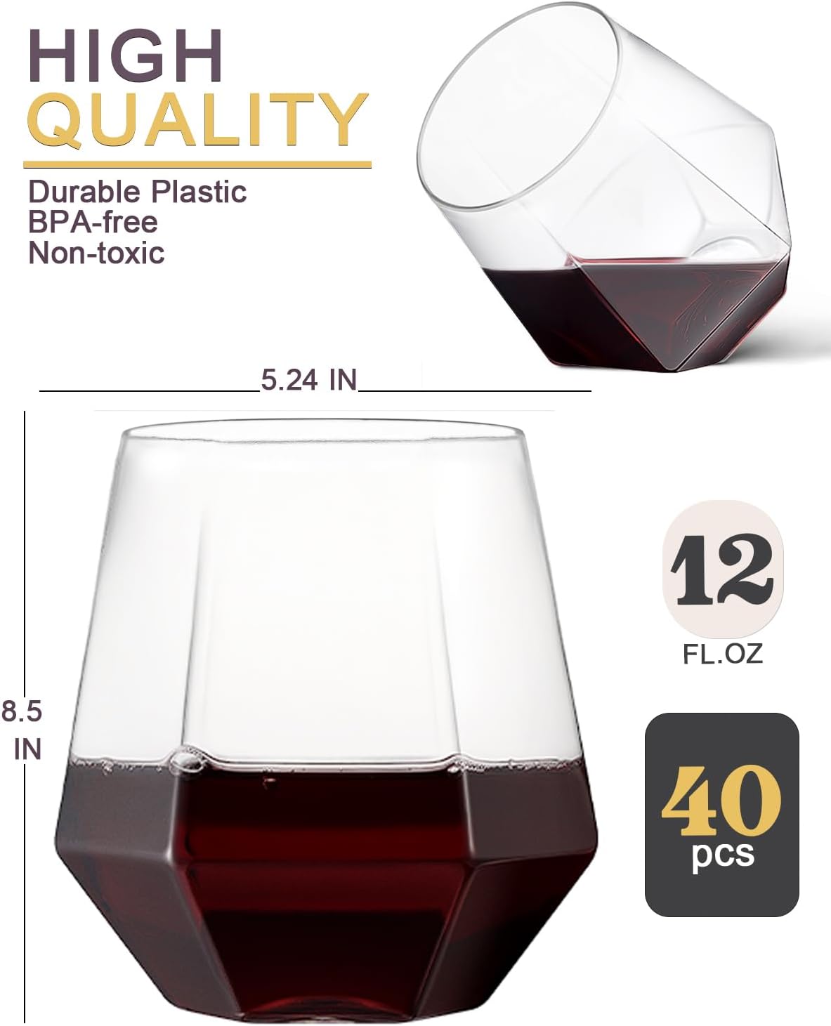 40 Pcak Plastic Stemless Wine cocktail Whiskey Champagne Glasses, 12 Oz Disposable Clear Unbreakable Cups for Party Bars Wedding Tasting (Diamond-shaped)