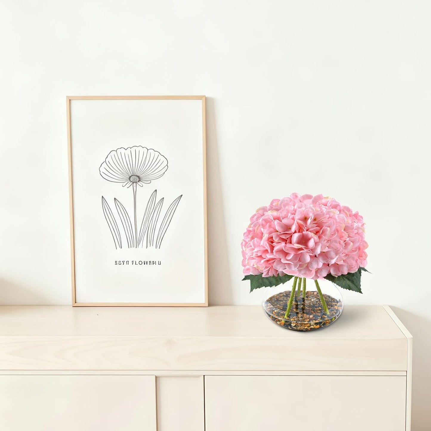 N&T NIETING Artificial Hydrangea Flowers with Vase Pink Silk Fake Flowers Faux Hydrangea Flowers with Faux Water Riverstones for Home Office Table Room Wedding Centerpiece Decorations