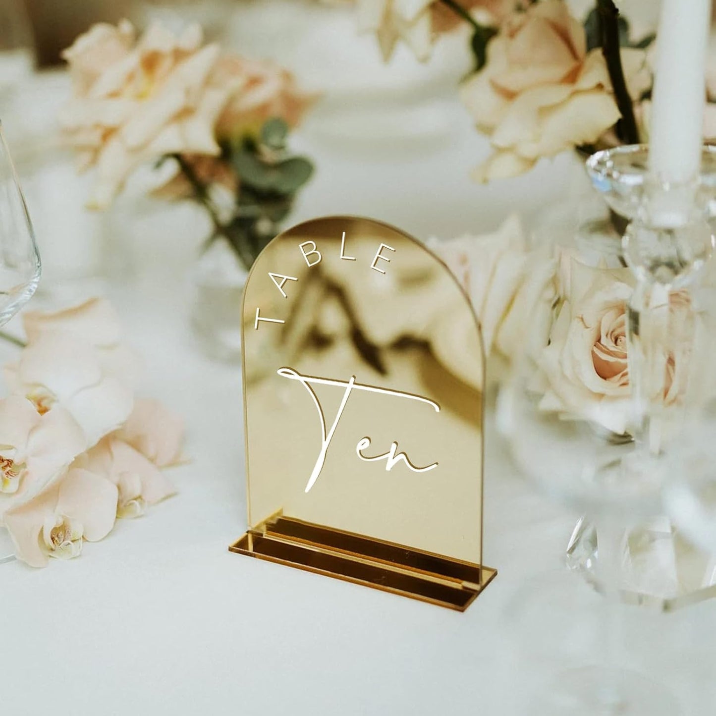 Gold Mirror Arched Wedding Table Numbers 1-15 with Stands, 5x7 Inch Acrylic Arch Sign with Holder, Gold Arch Acrylic Table Numbers for Wedding Reception(1-15, 5"x7")