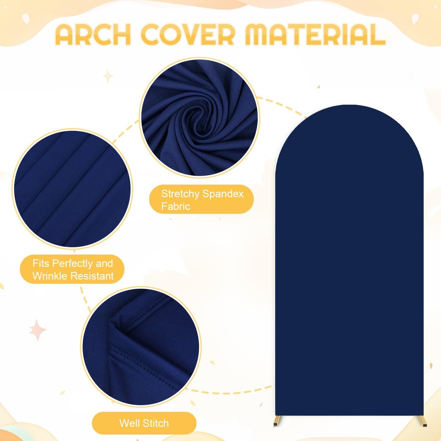 FUHSY 7.2 FT Wedding Arch Backdrop Stand and Navy Blue Arch Cover Set Metal Arch Stand Cover Balloon Party Backdrop Arches with Spandex Covers for Gender Reveal Baby Bridal Shower Birthday Decorations
