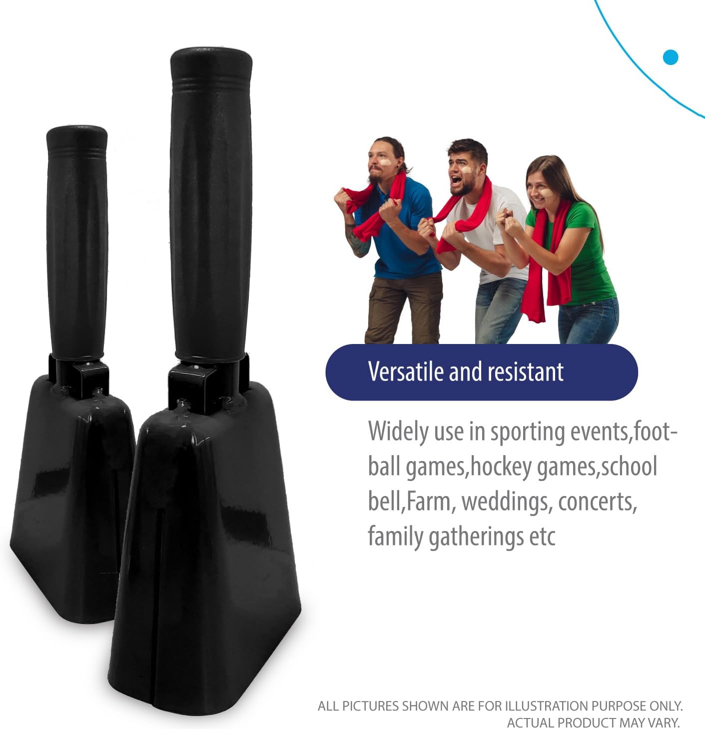 Deke Home - 2 Pack 7 Inch Steel Cowbells with Handle, Loud Noise Makers for Football, Sports, Parties, Competitions, School Spirit & Safety, Large Hand Bell for Cheering & Percussion Instrument