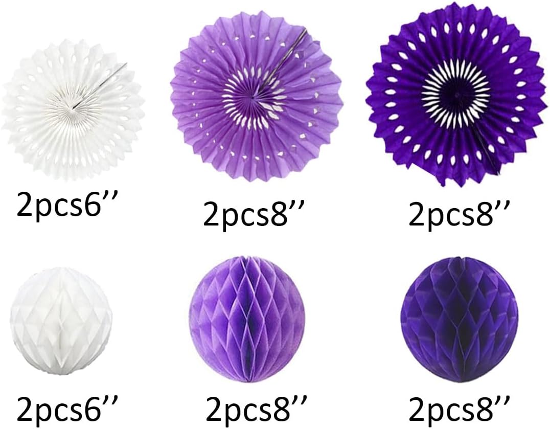 12pcs 6’’ 8’’ Honeycomb Balls Tissue Paper Fans Party Honeycomb Ball Fans Wall Tissue Pom Poms Flower Balls Hanging Paper Fans for Party Baby Shower Birthday Wedding Nursery Decor(White Purple kit)
