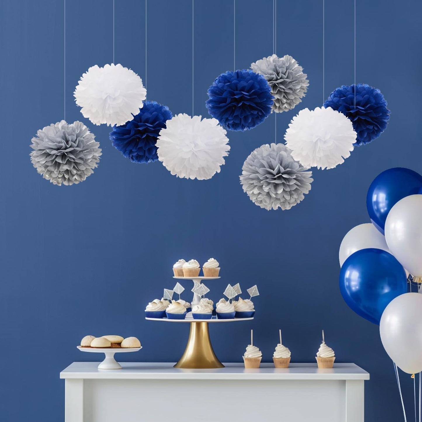 Tissue Pom Poms Tissue Paper Flowers Tissue Fluff Balls Party Decorations 12-Inch Pack of 12 (Blue, White, Silver)