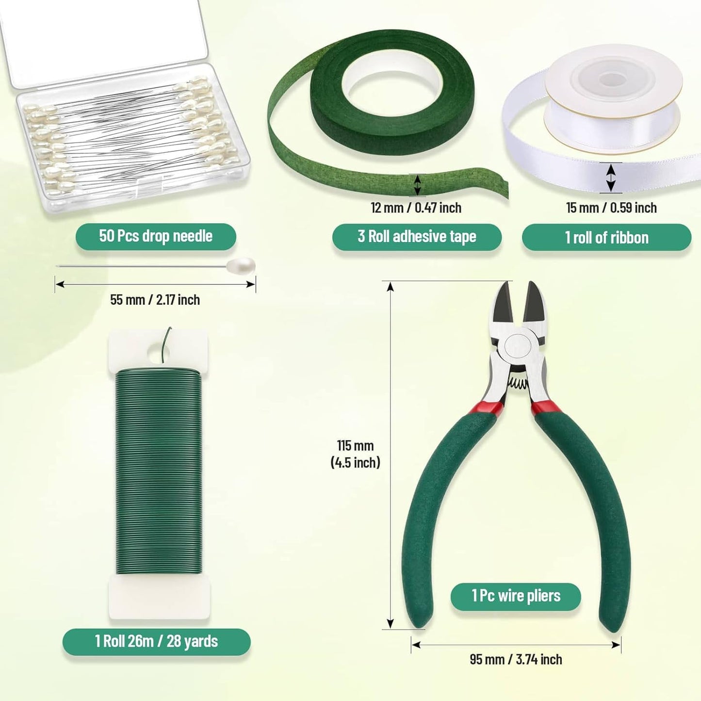 PAXCOO Floral Tape and Wire, Florist Tape and Flower Wire Arrangement Kit with White Ribbon, Boutonniere Pin, Wire Cutter for Bouquets, Crafts, Wreath Making (Dark Green)