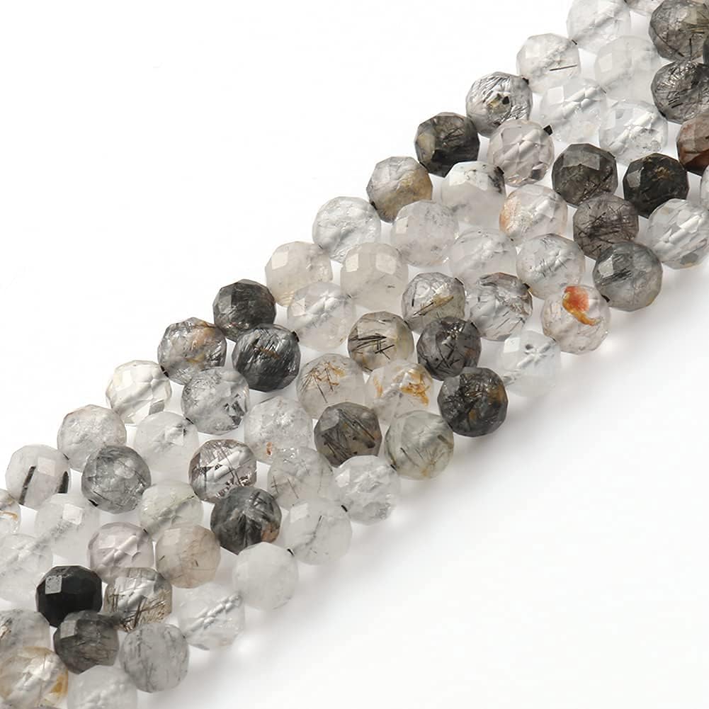 Song Xi 90pcs 4mm Natural Black Rutilated Quartz Gemstone Beads Faceted Round Loose Stone Beads for Jewelry Making