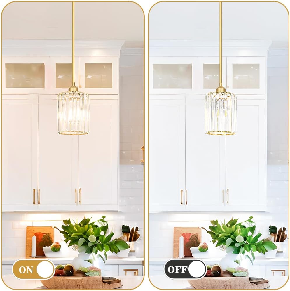 Gold Kitchen Pendant Lights Over Island with Adjustable Rods - Crystal Pendant Lighting Fixtures for Sloped Ceiling, Ideal Over Dining Table or Bar, E26 Bulb Compatible, No Electrician Needed