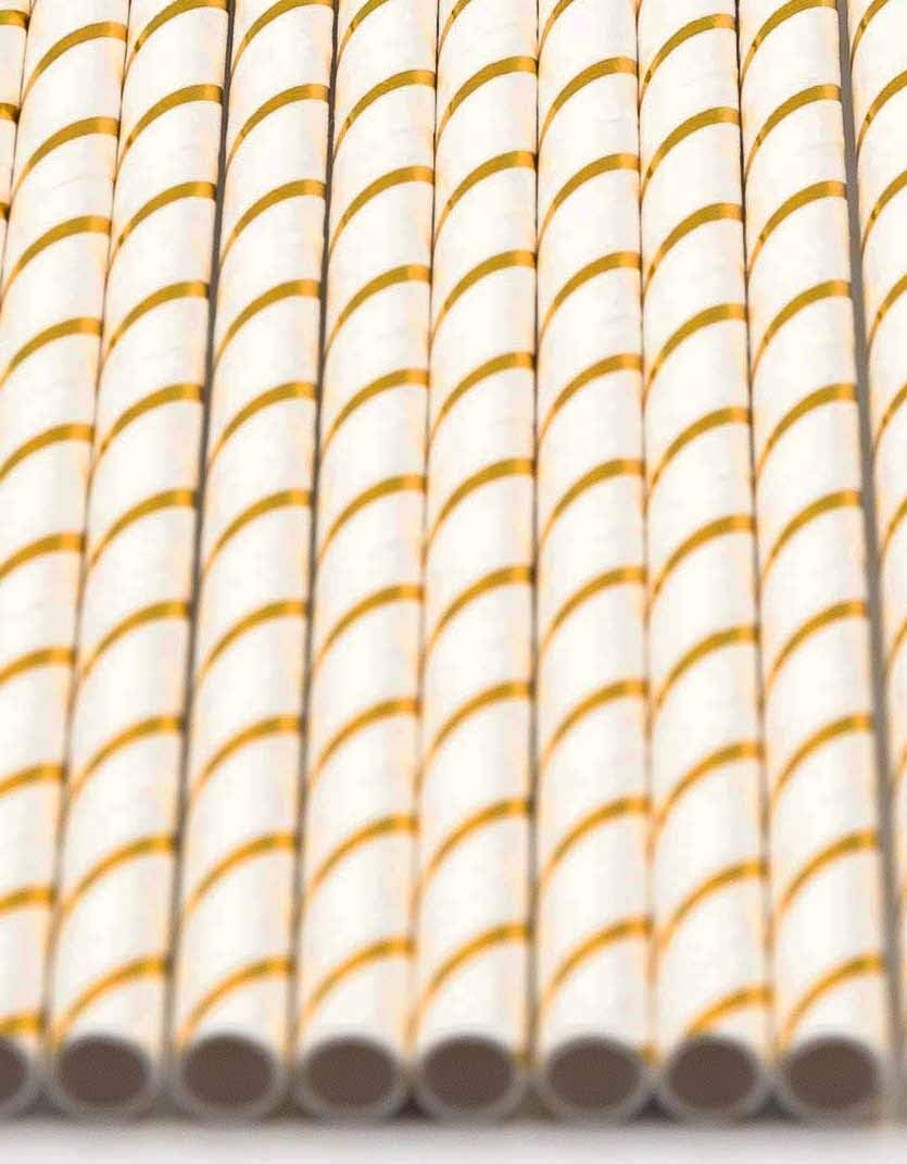 Pack of 150 Gold Foil Stripes Biodegradable 4-Ply Paper Drinking Straws (Compostable, Non-toxic, BPA-free)