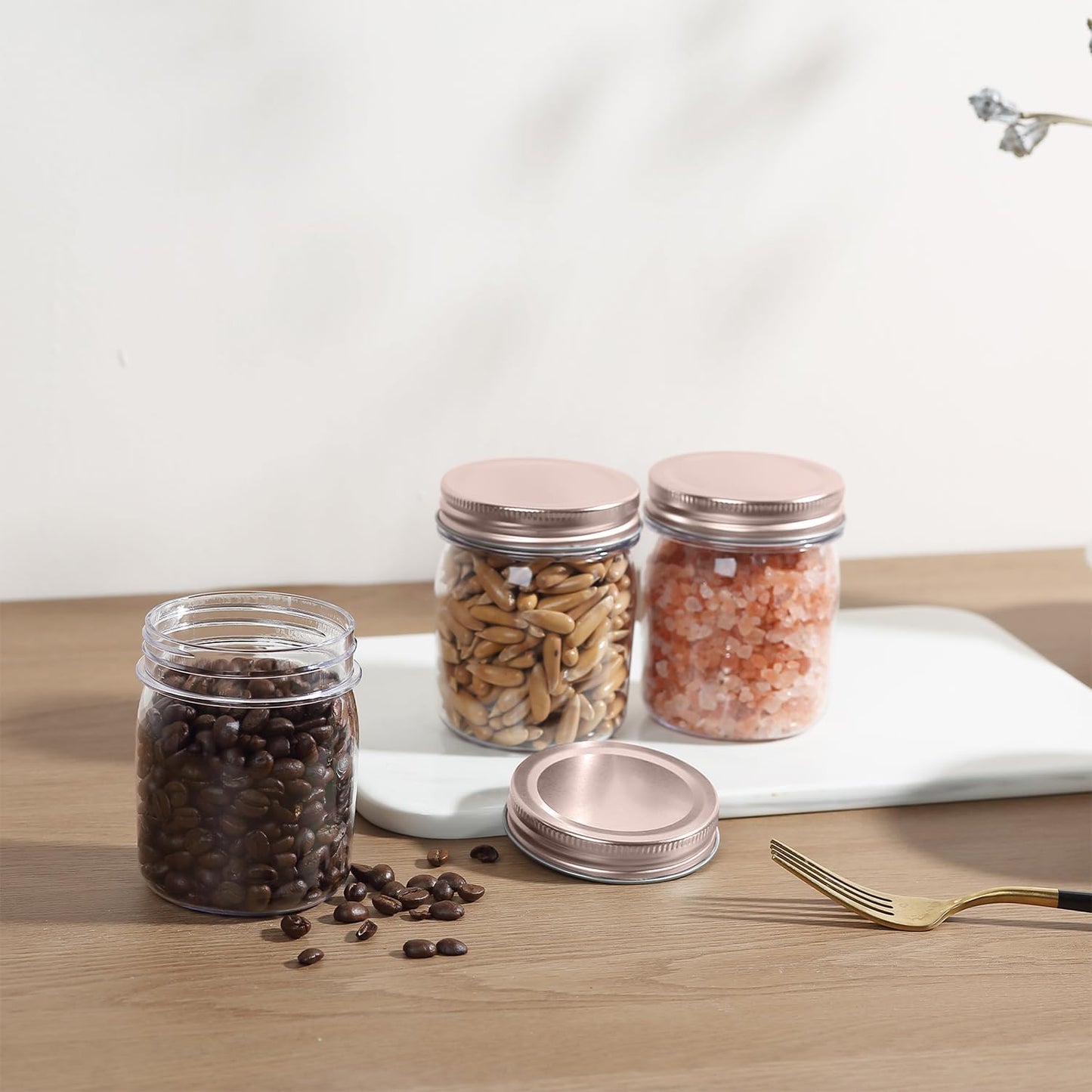 novelinks 8 oz Clear Plastic Jars with Screw-On Lids - BPA-Free Refillable Storage Containers for Slime, Spices, Crafts, Kitchen & Home Organization (16 Pack,Rose Gold)