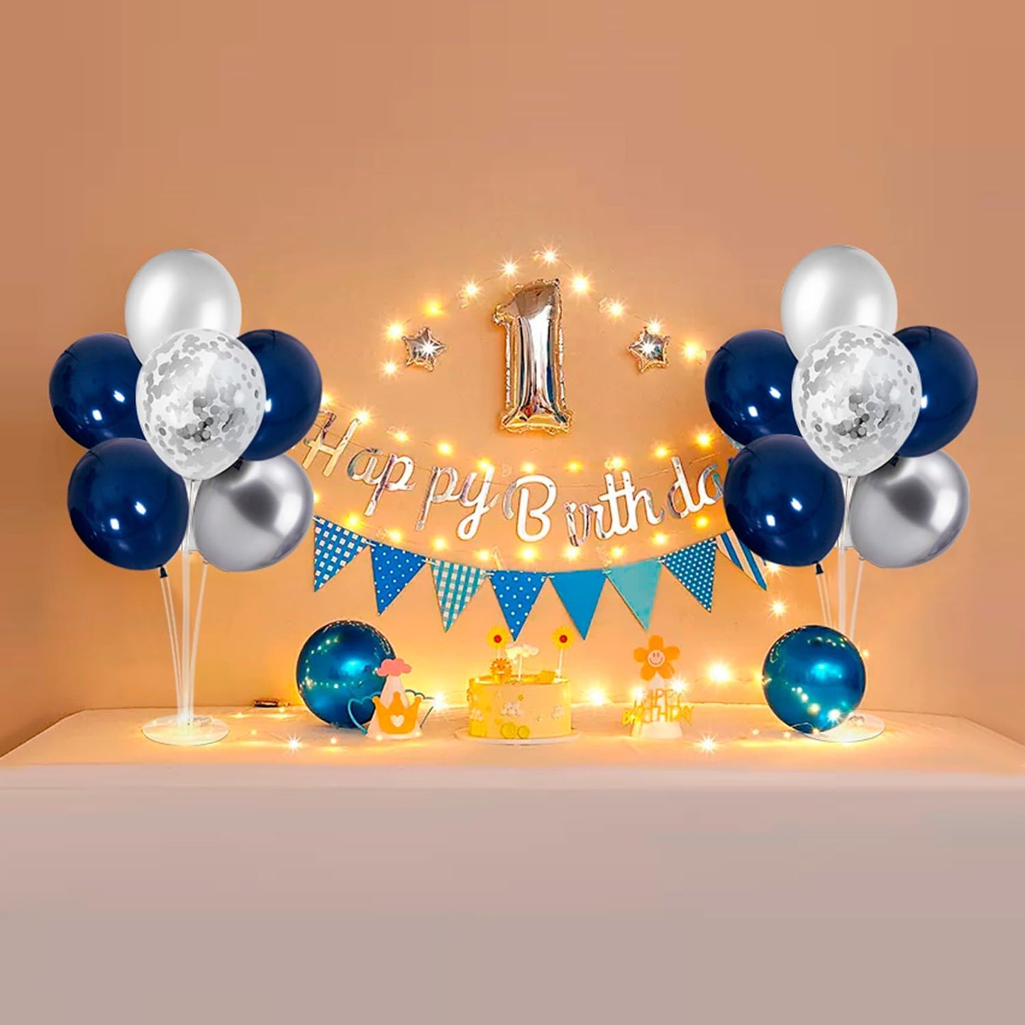Balloon Stand with Silver and Navy Blue Balloons, Centerpiece Table Decorations for Birthday Wedding Anniversary New Year Graduation Decorations Class of 2025(Silver navy set4)