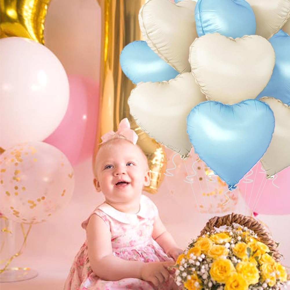 Baby White Heart Balloons,18 Inch Baby Blue Helium Foil Love Heart Shaped Balloons for Birthday Party Bridal Engagement Wedding Anniversary Baby Shower Valentines Decorations 12Pcs